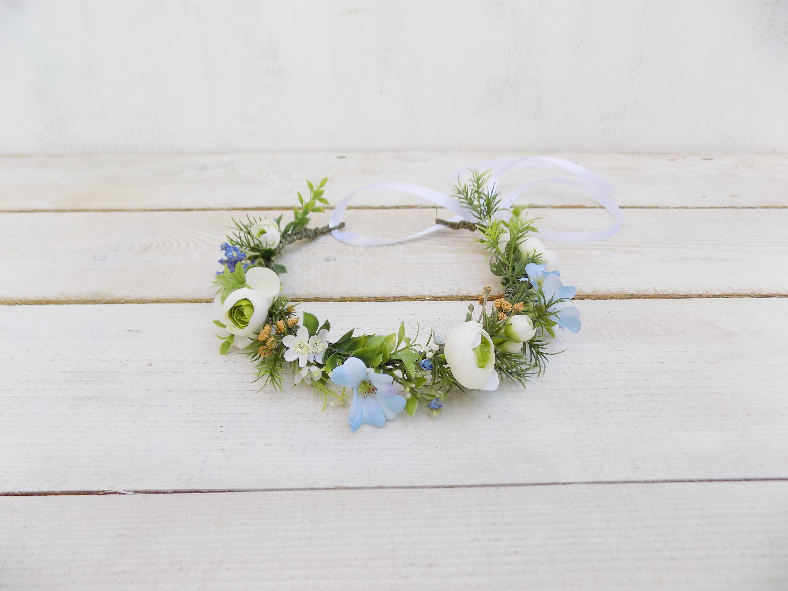 White Blue Flower Crown Summer Bridal Headpiece Floral Hair Etsy