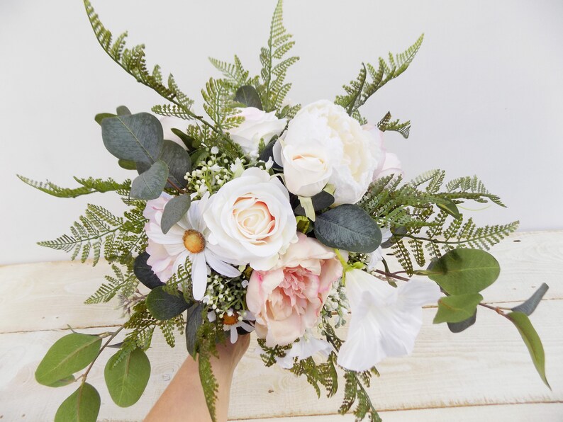 Boho blush bridal bouquet bridesmaid bouquet package silk wedding flowers white peach rustic cascade cascading bridal bouquet