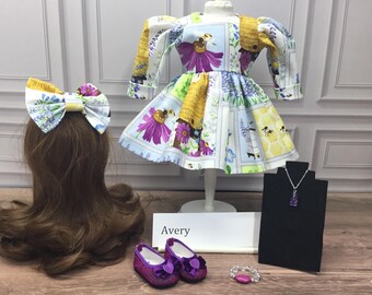 18” doll dress, Avery, bee print, summer theme, purple,