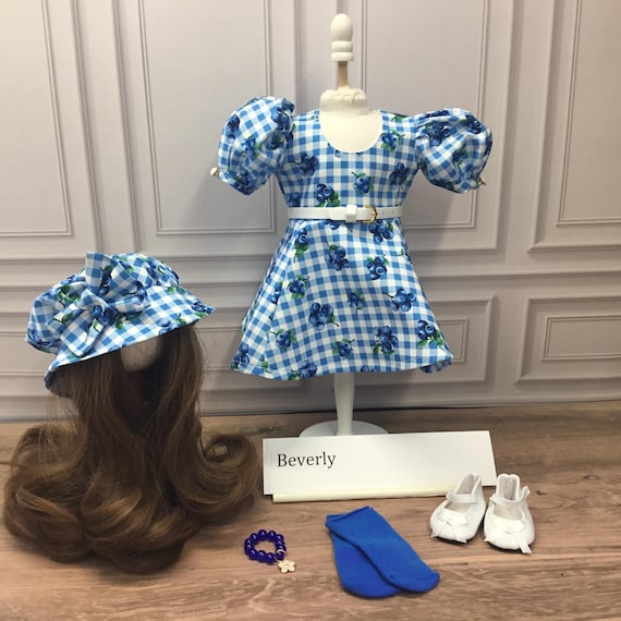 18 inch doll outfit, blue check dress, blue hat, white shoes, white belt