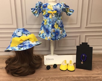 18 inch doll outfit, Eileen, blue and yellow dress, yellow shoes, blue bracelet