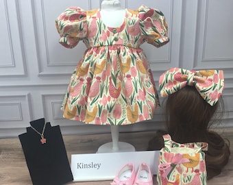 18 l doll outfit, Kingsley, chicken and tulip print outfit, pink shoes, hair bow, matching purse, chicken print purse