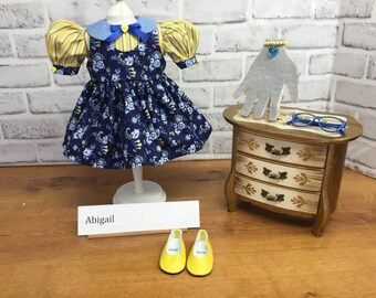 Abigail, 18 inch doll dress, jumper and blouse, blue and yellow, yellow shoes