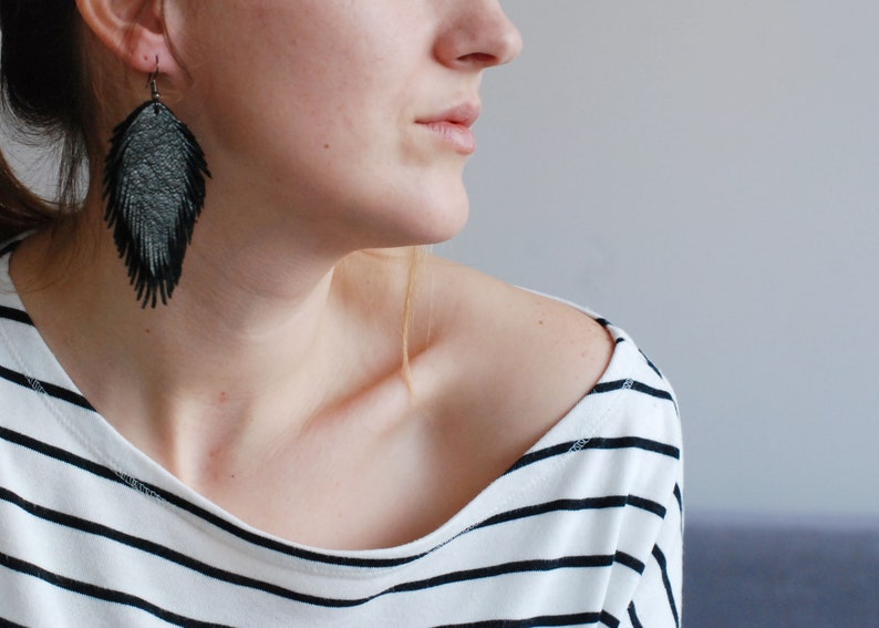 Leather Feather Earrings Dangle Earrings Feather Earrings Boho Chic Earrings Suede Earrings Recycled Earrings Black Earrings