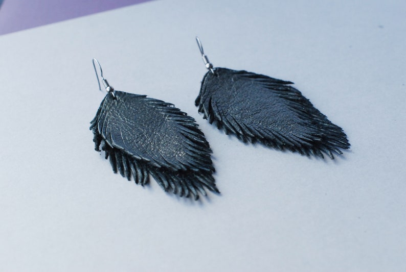 Leather Feather Earrings Dangle Earrings Feather Earrings Boho Chic Earrings Suede Earrings Recycled Earrings Black Earrings