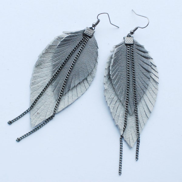 Leather Feather Earrings- Leather Earrings- Fringe Earrings- Recycled Earrings- Boho Earrings- Gray Earrings- White Earrings- Chain