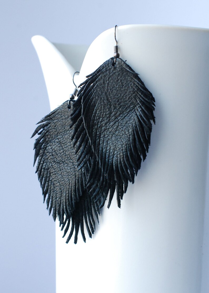 Leather Feather Earrings Dangle Earrings Feather Earrings Boho Chic Earrings Suede Earrings Recycled Earrings Black Earrings