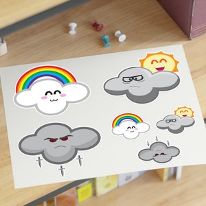 Hoja de pegatinas de nube - Angry Happy - Linda pegatina de vinilo para computadoras portátiles, papelería, planificador, calendario, equipaje, pegatinas de naturaleza, pegatinas de viaje