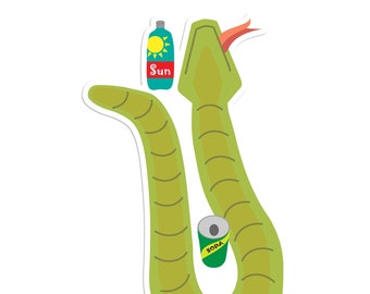 May include: A green snake with a red tongue is curled into a U shape. A green can with the word "SODA" on it is inside the snake's curve. A green bottle with the word "Sun" on it is above the snake's head.