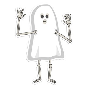 Könnte beinhalten: Ein weißes Gespenst mit Skelettkörper, Armen und Beinen. Das Gespenst hat schwarze Augen und einen kleinen Mund. Die Arme sind in einer winkenden Geste erhoben. Das Bild ist ein Aufkleber mit weißem Rand.