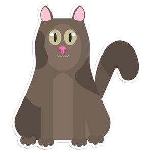 May include: A brown cat with pink ears and a white patch on its chest sits with its tail curled around its body.