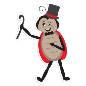 May include: A cartoon ladybug wearing a top hat and bow tie, holding a cane and winking. The ladybug is red with black spots and has a brown body.