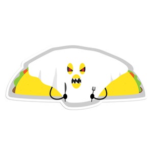 May include: A cartoon ghost wearing a taco costume with red eyes and a menacing grin. The ghost is holding a fork and knife, suggesting it is ready to eat.