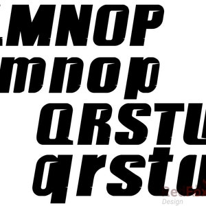 May include: Black and white font alphabet letters LMNOP, lmno, QRSTU, qrst, in a bold, slanted, and slightly distressed style.