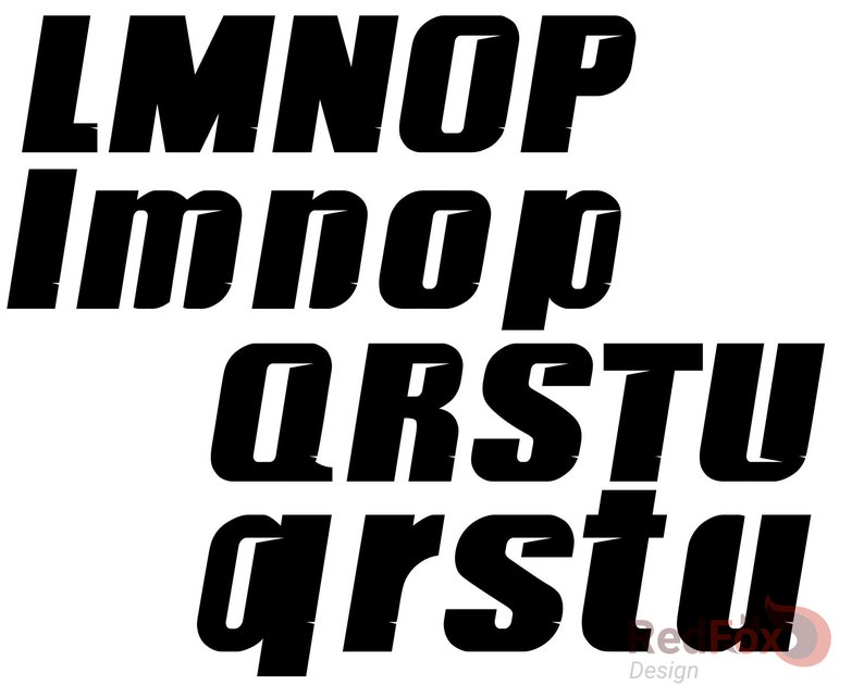 May include: Black and white font alphabet letters LMNOP, lmno, QRSTU, qrst, in a bold, slanted, and slightly distressed style.