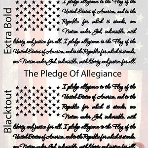 May include: Black and white image of the Pledge of Allegiance with a black and white American flag in the background. The text reads: "I pledge allegiance to the Flag of the United States of America, and to the Republic for which it stands, one Nation under God, indivisible, with liberty and justice for all."