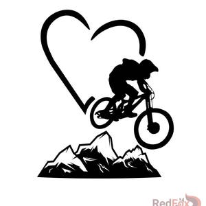 May include: Black and white silhouette of a mountain biker riding a mountain bike over a mountain range with a heart shape above them.