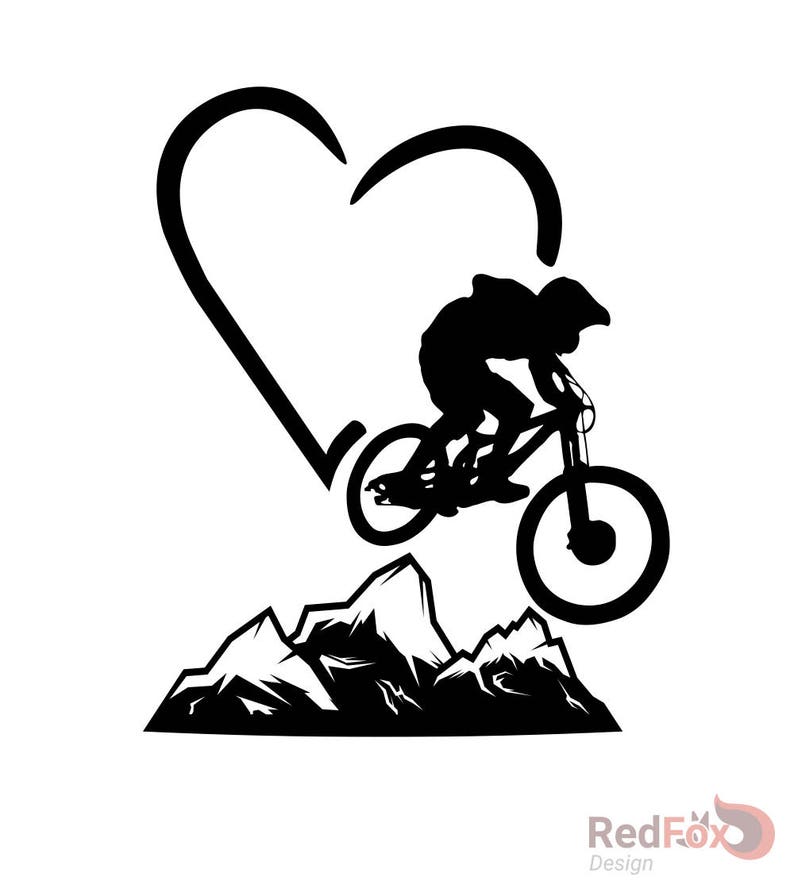 May include: Black and white silhouette of a mountain biker riding a mountain bike over a mountain range with a heart shape above them.