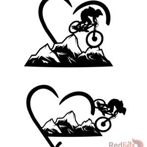May include: Black and white silhouette of a mountain biker riding a mountain bike through a mountain range, with a heart shape around the scene.