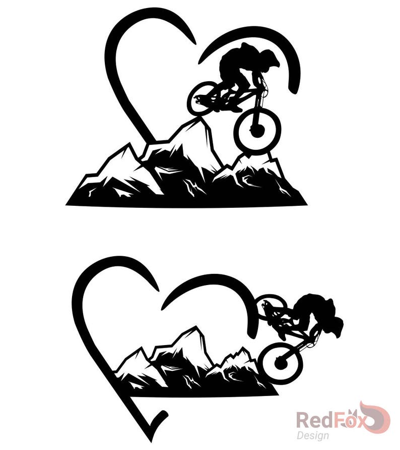 May include: Black and white silhouette of a mountain biker riding a mountain bike through a mountain range, with a heart shape around the scene.