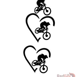 May include: Two black silhouettes of mountain bikers riding bikes inside of heart shapes.
