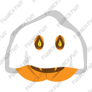May include: A cartoon ghost illustration with a white body, grey outline, and orange and brown facial features. The eyes are orange with a yellow flame design, and the mouth is a curved orange shape.