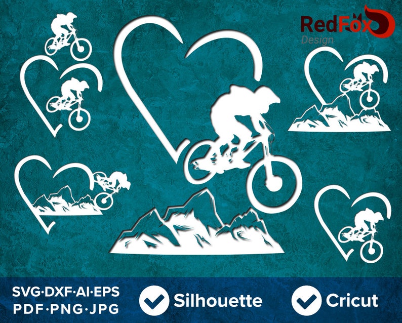 May include: A white silhouette of a mountain biker riding a mountain bike through a heart shape. The design is perfect for a mountain biking enthusiast or someone who loves the outdoors.