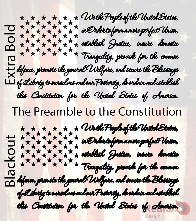 May include: Black and white image of the Preamble to the United States Constitution. The text is in a bold, cursive font. The background is a red, white, and blue American flag with stars.