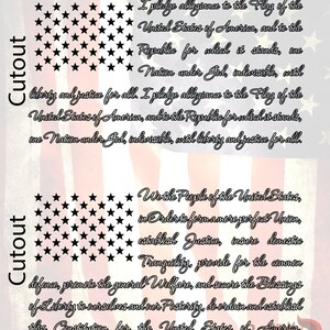 May include: A black and white image of the Pledge of Allegiance and the Preamble to the United States Constitution. The text is written in a decorative script font. The image is set against a red, white, and blue background.