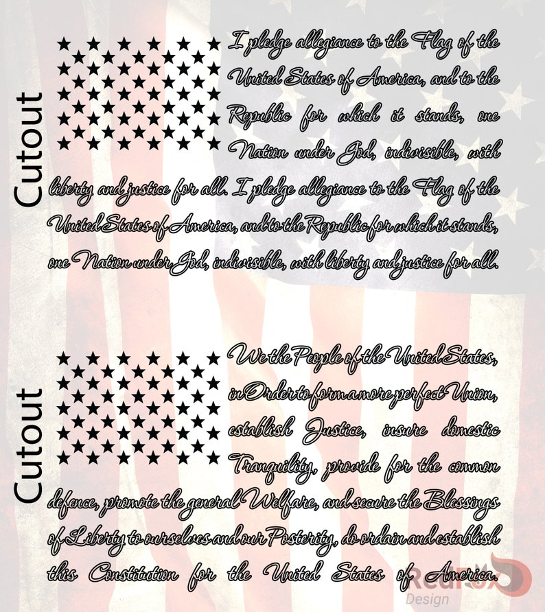May include: A black and white image of the Pledge of Allegiance and the Preamble to the United States Constitution. The text is written in a decorative script font. The image is set against a red, white, and blue background.
