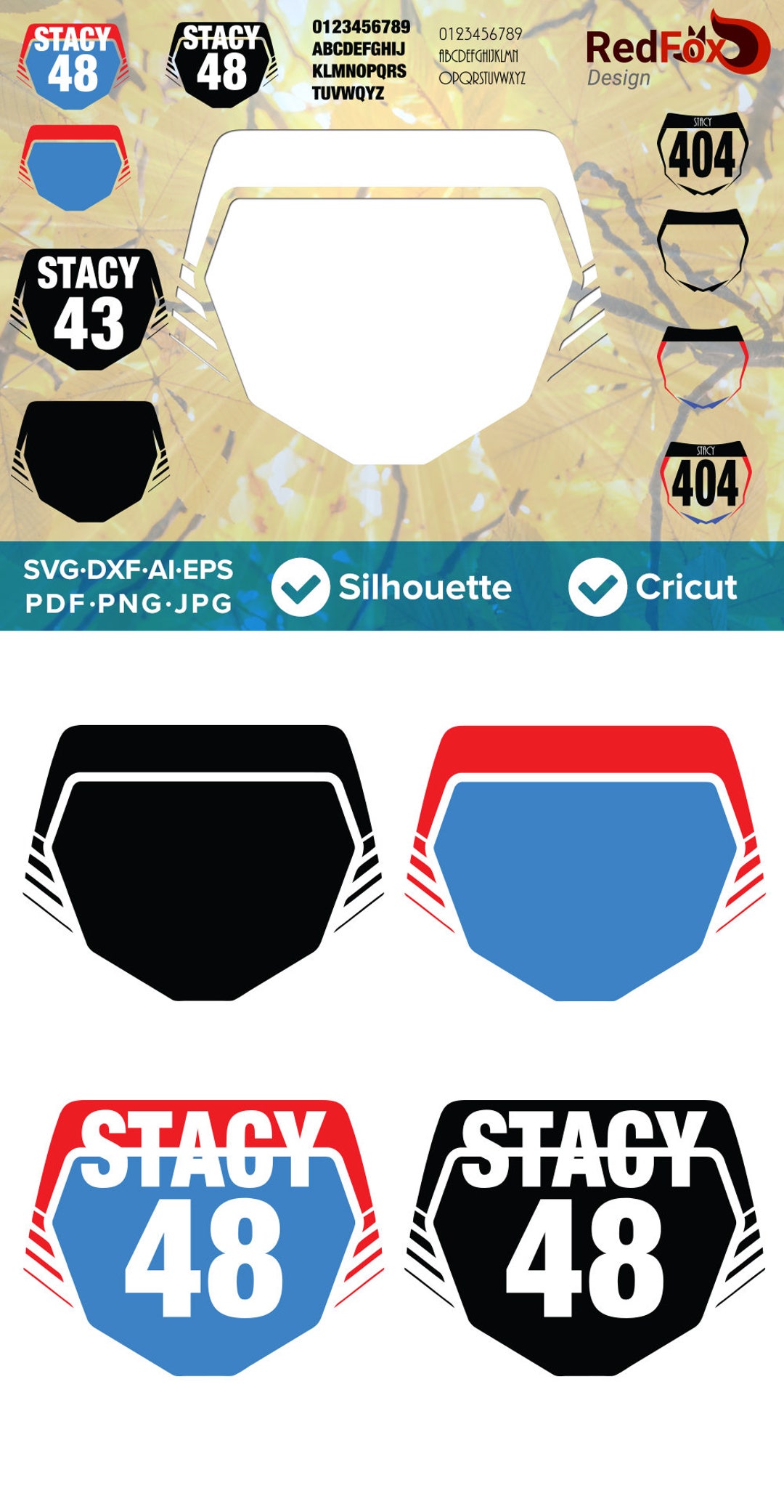 Dirtbike Plate Number and Name, 3 Styles 2 Fonts SVG Cut File, DXF, Png