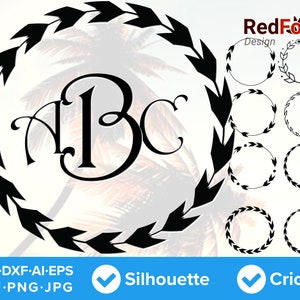 May include: Black and white monogram design with the letters A, B, and C inside a wreath of leaves. The design is suitable for use with a Cricut or Silhouette cutting machine.