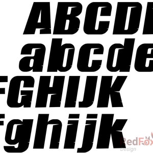 May include: A font alphabet with uppercase and lowercase letters from A to K in a bold, black, stylized font with a jagged, distressed look.