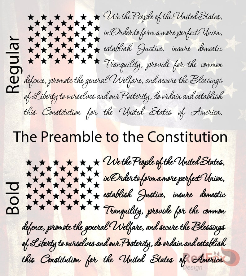 May include: A black and white image of the Preamble to the United States Constitution. The text is in a cursive font and is set against a background of a stylized American flag. The words "We the People of the United States" are at the top of the image. The text is in both regular and bold font.