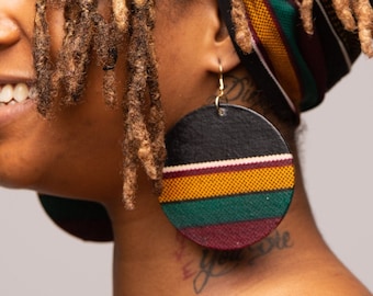 Black Kente African Earrings - Fabric Earrings - Ankara - Afrocentric - Wood - Big Large - Boho - Wooden Jewelry - Statement | Nubian Grace