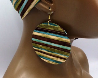 Green & Beige African Earrings - Fabric Earrings - Ankara - Afrocentric - Wood - Big Large - Boho - Wooden Jewelry -Statement | Nubian Grace