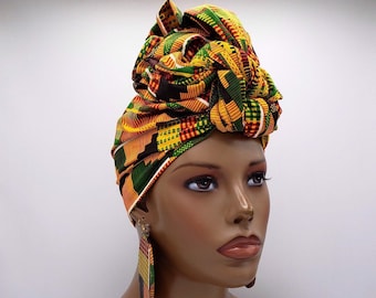 Kente Head Wrap - African Head Wrap - African Scarf - African Turban - Head Wraps for Women - Hair Wrap - Headwrap - Earrings | Nubian Grace