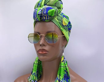 Green & Blue African Head Wrap - African Scarf - African Turban - Head Wraps for Women - Hair Wrap - Headwrap - Earrings | Nubian Grace