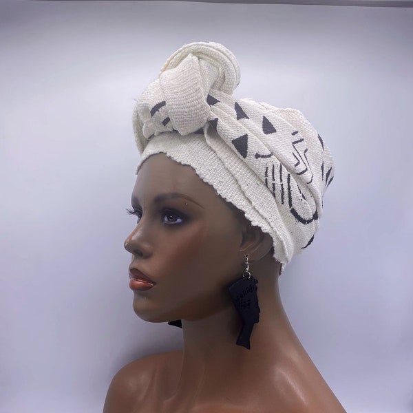 Black & White Mudcloth African Head Wrap - African Scarf - African Turban - Head Wraps for Women - African Earrings - | Nubian Grace