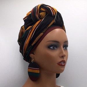 Black Kente African Head Wrap - African Scarf - African Turban - Head Wraps for Women - Hair Wrap - Big Earrings - Head Wraps | Nubian Grace