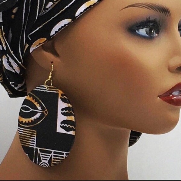 Black & White African Earrings - Fabric Earrings - Ankara - Afrocentric - Tribal - Big Large - Wooden Jewelry - Statement | Nubian Grace