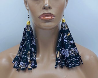 Black Tribal Tassel Earrings - Fabric Earrings - Afrocentric - Big Earrings - Boho Earrings - Tassel Earrings - Statement | Nubian Grace