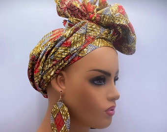 Red & Metallic Gold African Head Wrap - African Scarf - Turban - Head Wraps for Women - African Earrings - Headwrap | Nubian Grace