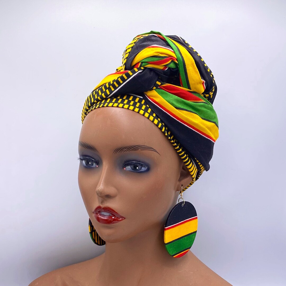 Black Kente Cloth Head Wrap: African Ankara Scarf & Earrings Set - Etsy
