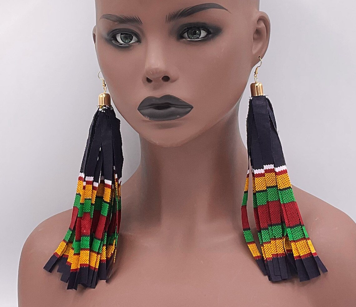 Black Kente Tassel Earrings Fabric Earrings Afrocentric Etsy