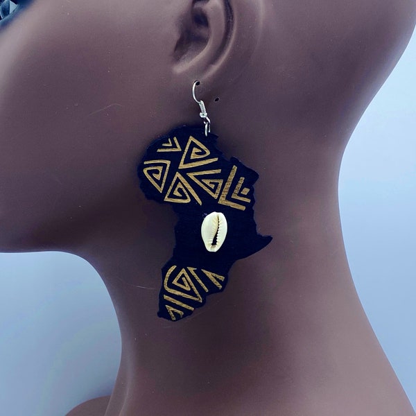 Map of Africa Wooden Earrings with Cowry - Laser Cut Wood Earrings - Afrocentric Earrings - Afro Earrings - Large - Lazer Cut | Nubian Grace