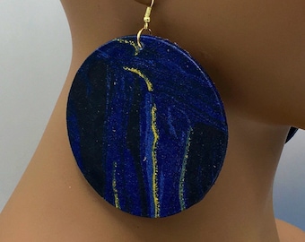Blue African Earrings - Fabric Earrings - Ankara - Afrocentric - Wood - Big Large - Boho - Wooden Jewelry - Statement | Nubian Grace