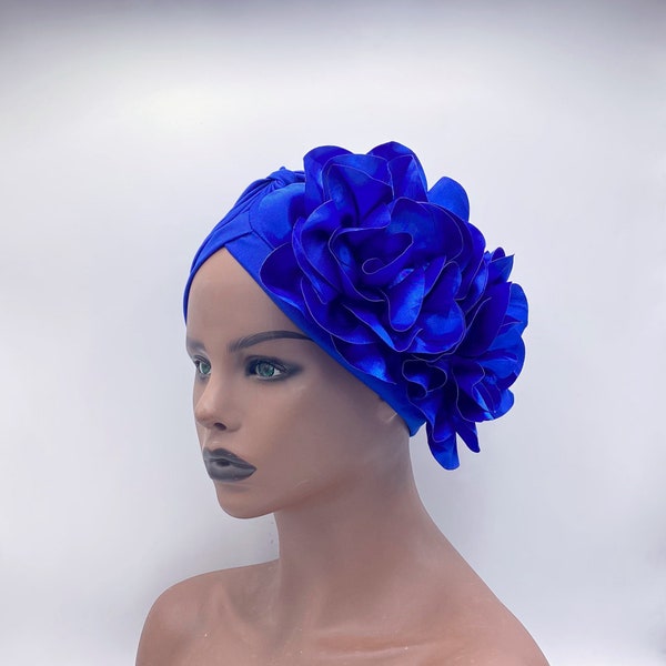 PRE-TIED Stretch Head Turban - Jersey Head Wrap - Royal Blue Pre-Tied Head Wrap - African Turban - Head Wraps for Women | Nubian Grace