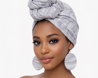 Silver Marble Head Wrap: Cotton African Turban Scarf