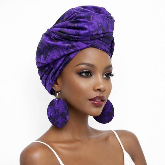 Purple African Print Head Wrap: Cotton Scarf Turban - Etsy display picture 3